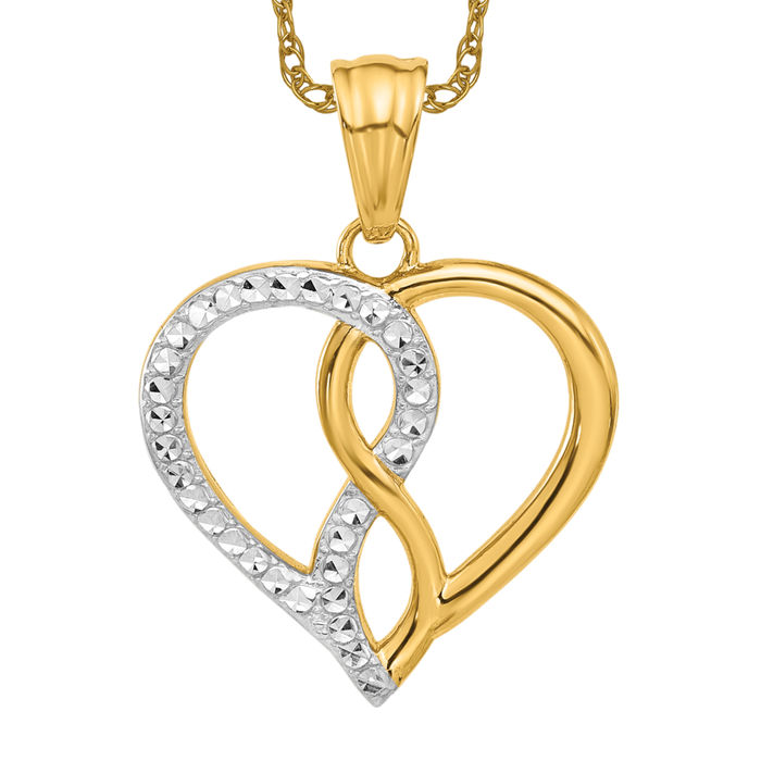 14K Solid Two Tone Yellow White Gold Infinity Twisted Love Knot Symbol Heart Necklace Chain Pendant Charm