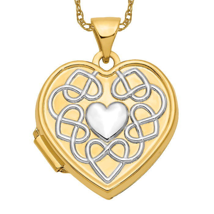 14K Solid Two Tone Gold Heart Photo Locket Necklace - Picture 10 of 12