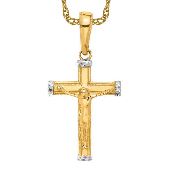 14K Solid Two Tone Gold Jesus Crucifix Cross Necklace - Picture 9 of 12
