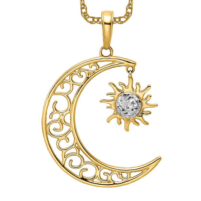 14K Solid Two Tone Gold Moon Dangling Sun Necklace - Picture 9 of 12
