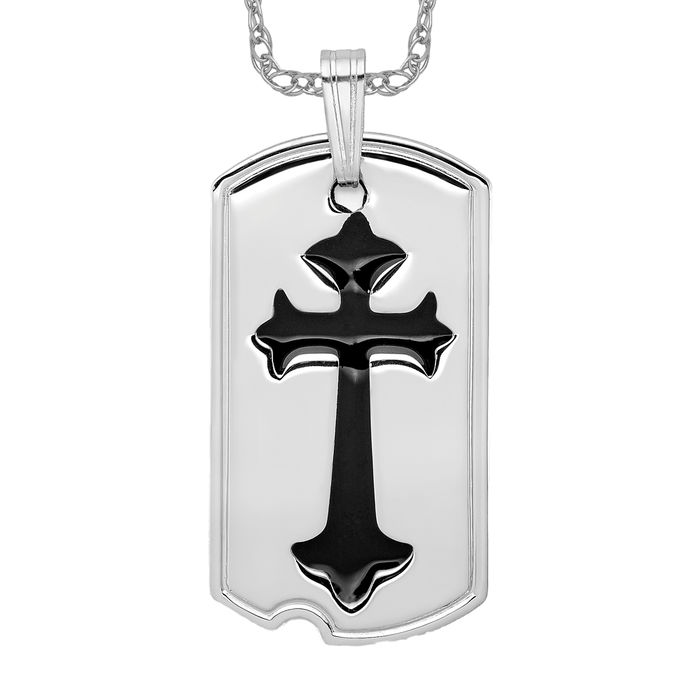 925 Sterling Silver Black Cross Dog Tag Necklace - Picture 8 of 12