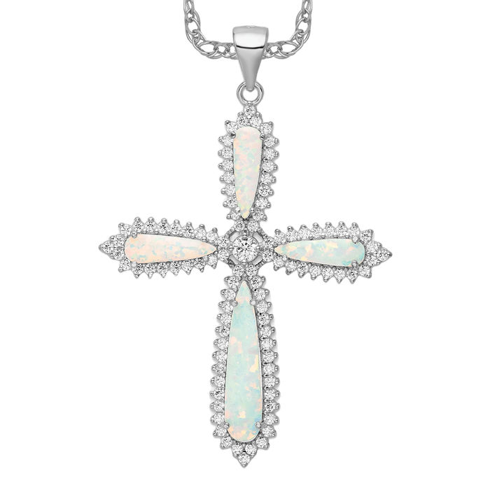 Sterling Silver White Created Opal Beaded Border Cross Pendant Sterling Silver White Created Opal Beaded Border Cross Pendant