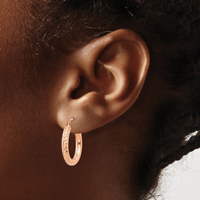 10K Solid Rose Pink Gold 3mm Round Medium Hoop Earrings