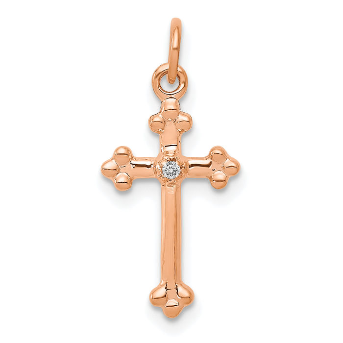 10K Solid Rose Gold Diamond Budded Cross Necklace - Picture 11 of 12