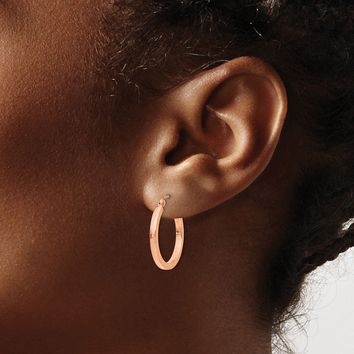10K Solid Rose Pink Gold Square Tube Round Medium Hoop Earrings