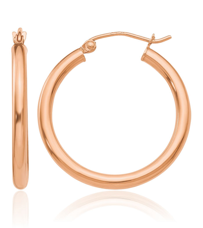 10K Solid Rose Pink Gold 2.5mm Tube Round Medium Hoop Earrings