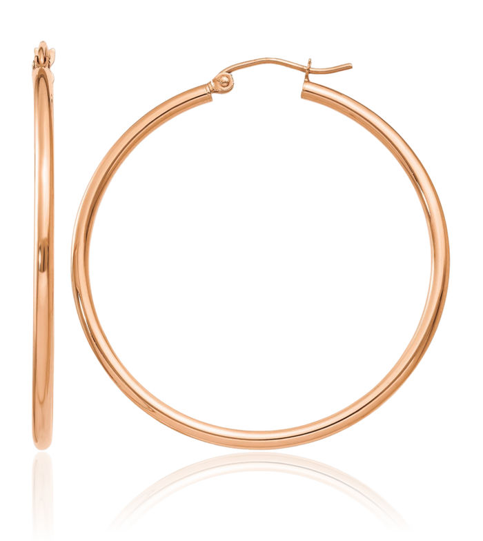 10K Solid Rose Pink Gold 2mm Tube Round Large Hoop Earrings