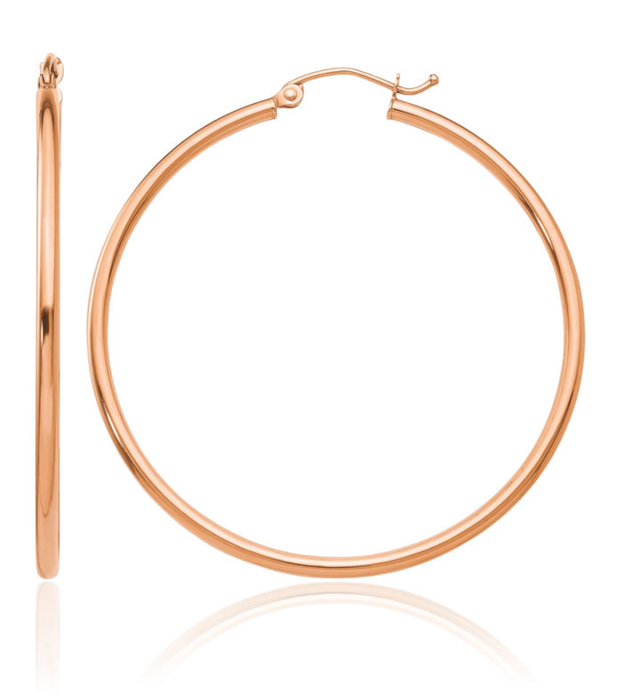 10K Solid Rose Pink Gold 2mm Tube Round Large Hoop Earrings