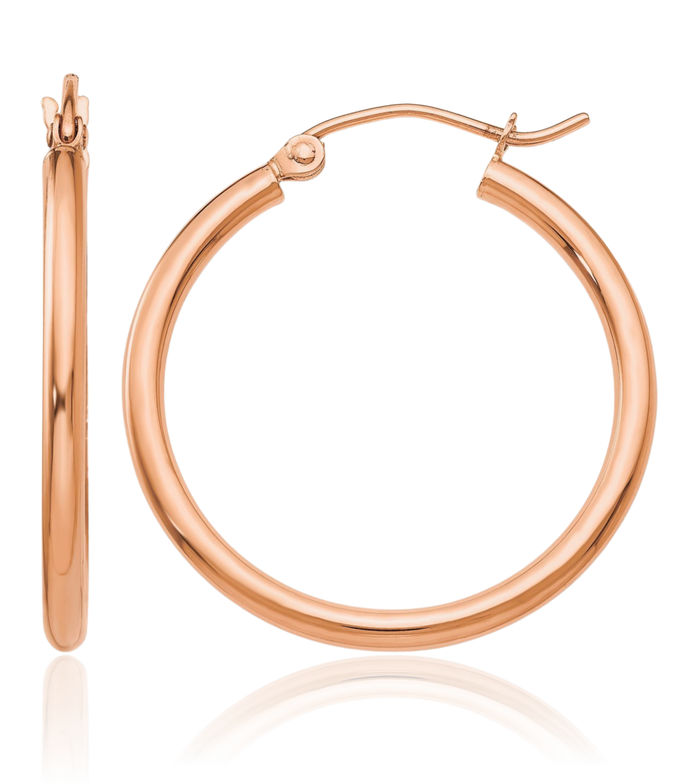 10K Solid Rose Pink Gold 2mm Tube Round Medium Hoop Earrings