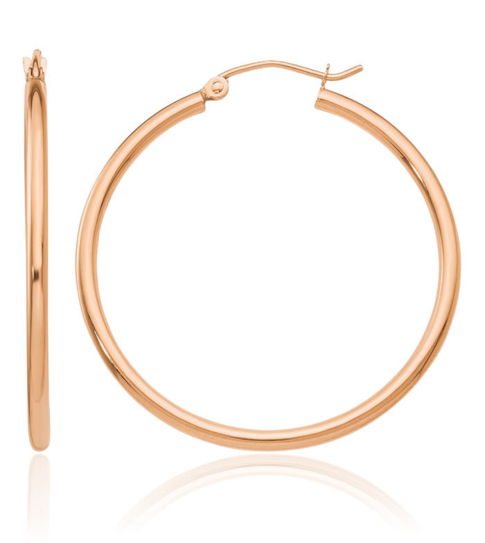 10K Solid Rose Pink Gold 2mm Tube Round Medium Hoop Earrings