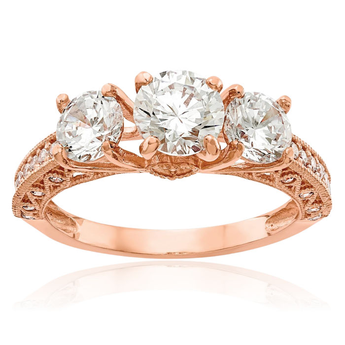 10K Solid Rose Pink Gold 3 Stone Cubic Zirconia CZ Ring