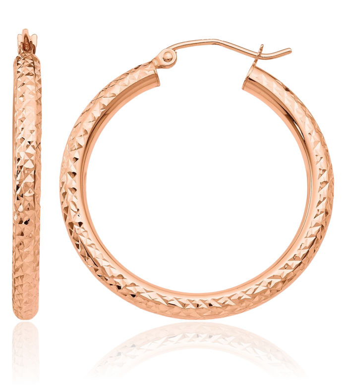 10K Solid Rose Pink Gold 3mm Round Medium Hoop Earrings