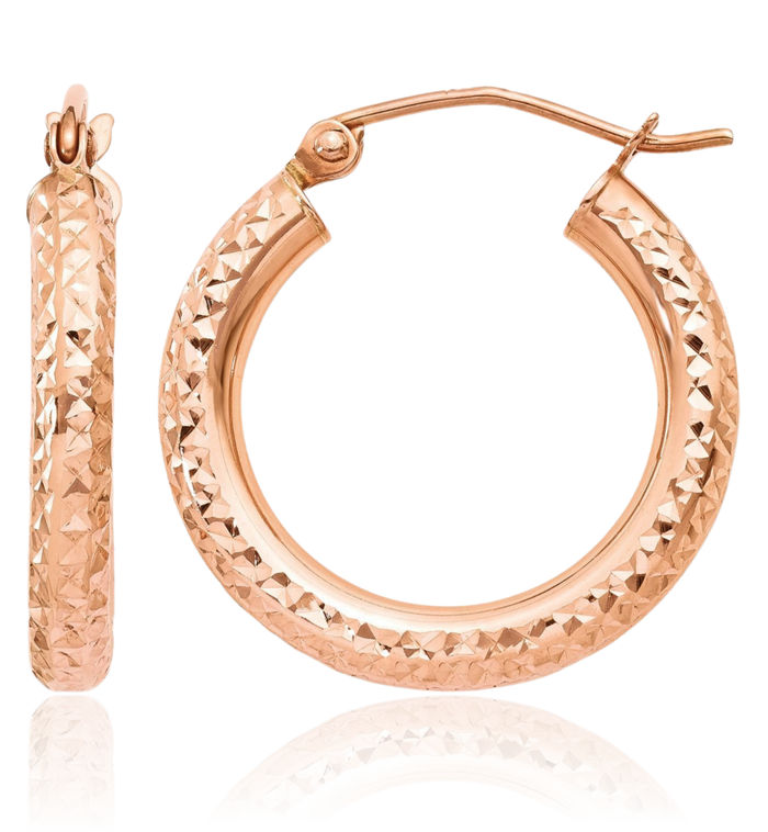 10K Solid Rose Pink Gold 3mm Round Medium Hoop Earrings