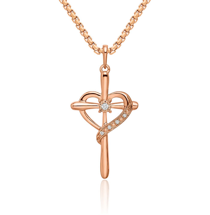 10K Solid Rose Pink Gold Holy Cross Heart Diamond Necklace Religious Chain Pendant Jesus Christ Charm