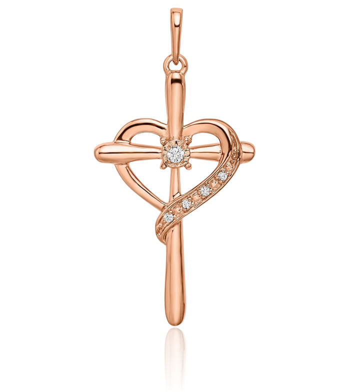 10K Solid Rose Pink Gold Holy Cross Heart Diamond Necklace Religious Chain Pendant Jesus Christ Charm