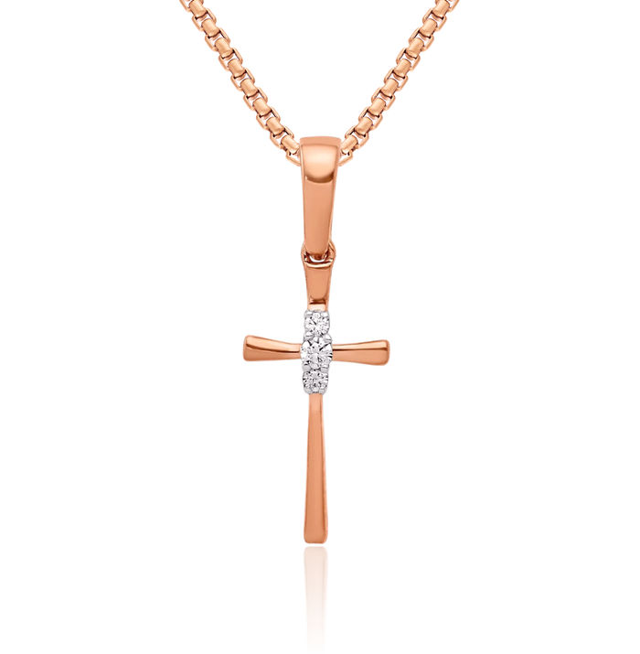 10K Solid Rose Pink Gold Diamond Holy Cross Necklace Religious Chain Pendant Jesus Christ Charm