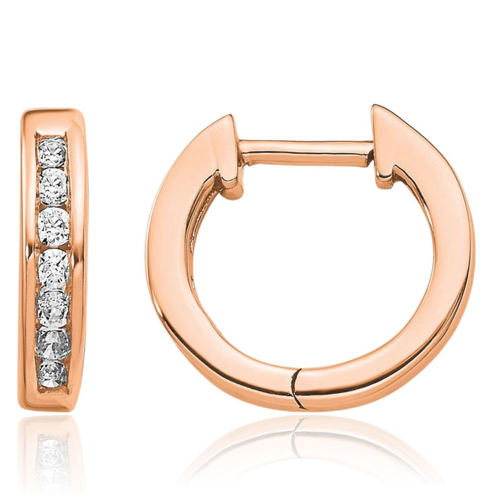 10K Solid Rose Pink Gold Diamond Round Huggie Mini Small Hoop Earrings