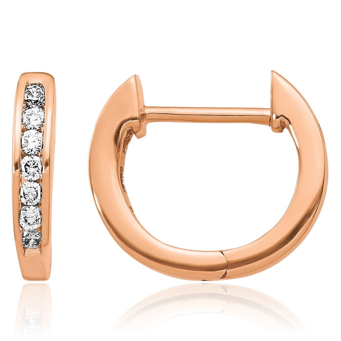 10K Solid Rose Pink Gold Diamond Round Huggie Mini Small Hoop Earrings