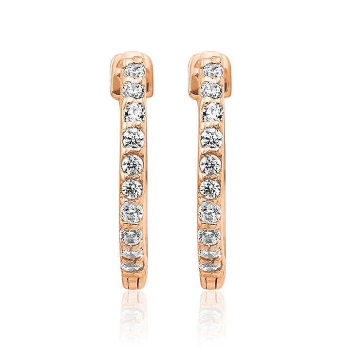 10K Solid Rose Pink Gold Diamond Round Huggie Small Hoop Earrings