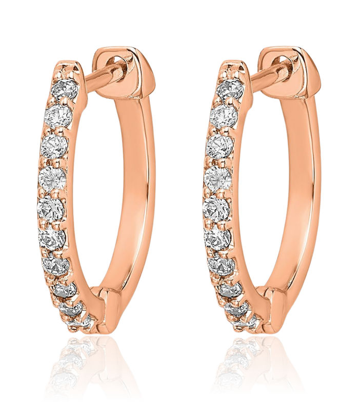 10K Solid Rose Pink Gold Diamond Round Huggie Small Hoop Earrings