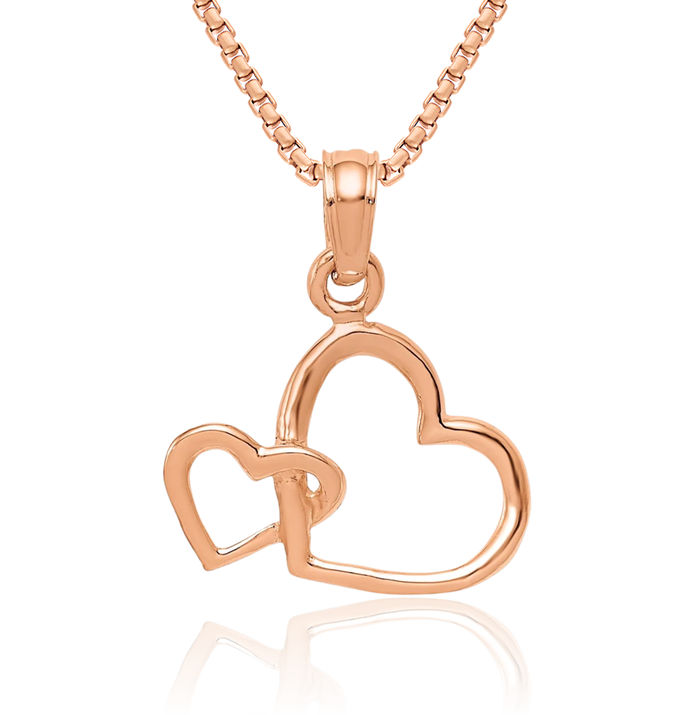 10K Solid Rose Pink Gold Double Heart Necklace Love Pendant Charm