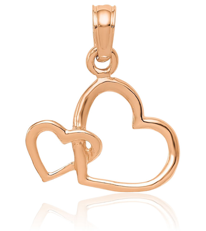 10K Solid Rose Pink Gold Double Heart Necklace Love Pendant Charm