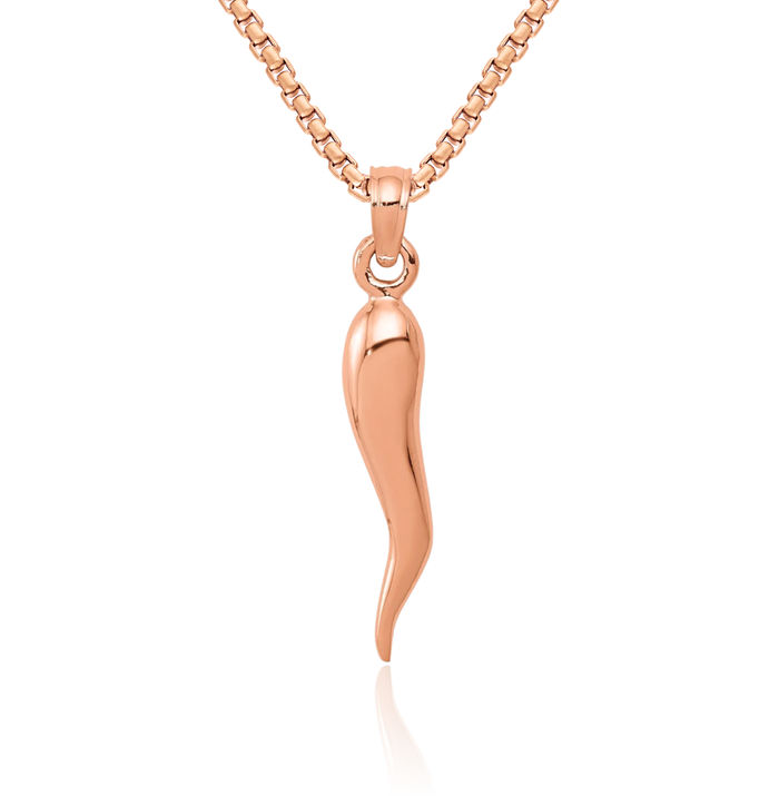 10K Solid Rose Pink Gold Medium Cornicello Italian Horn Necklace Lucky Protection Amulet Pendant Chilli Pepper Charm