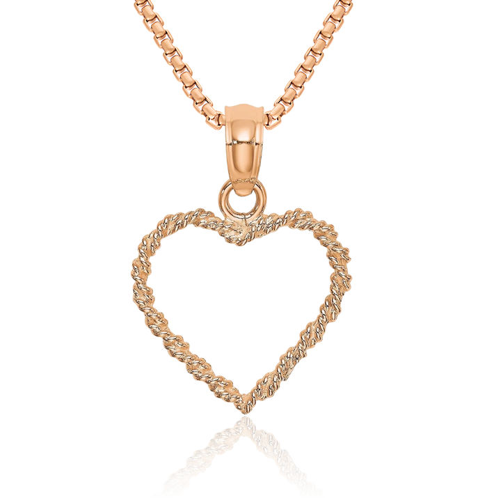 10K Solid Rose Pink Gold Rope Heart Necklace Love Pendant Charm