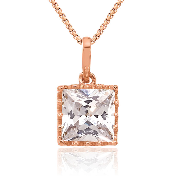 10K Solid Rose Pink Gold Square Cubic Zirconia CZ Necklace Chain Pendant Charm