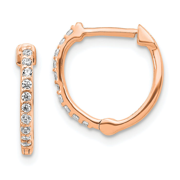 10K Solid Rose Pink Gold Diamond Round Huggie Small Hoop Earrings