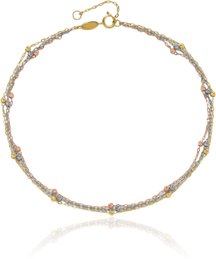 10K Solid Tri Color Pink White Yellow Gold 3 Strand Beaded Anklet Summer Beach Foot Ankle Bracelet