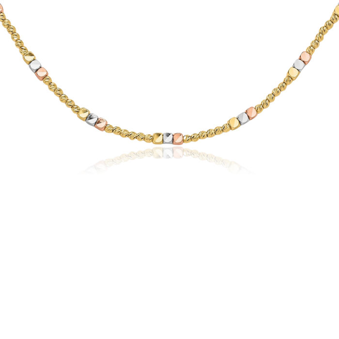 10K Solid Tri Color Pink White Yellow Gold Beaded Ball Chain Necklace