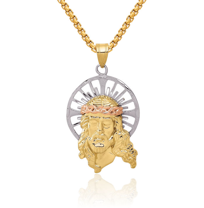 10K Solid Tri Color Pink White Yellow Gold Christ Medal Necklace Chain Pendant Charm