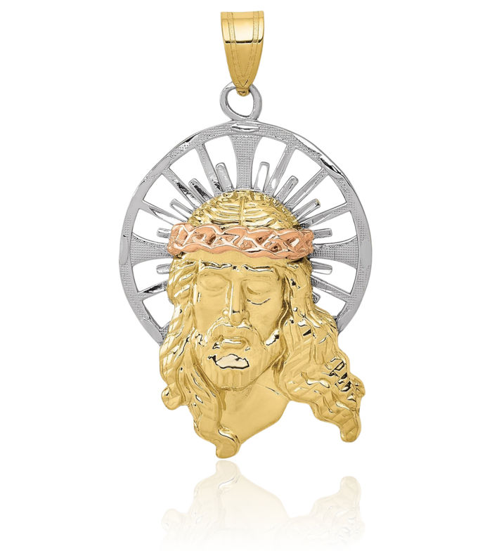 10K Solid Tri Color Pink White Yellow Gold Christ Medal Necklace Chain Pendant Charm