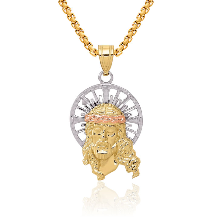 10K Solid Tri Color Pink White Yellow Gold Christ Medal Necklace Chain Pendant Charm