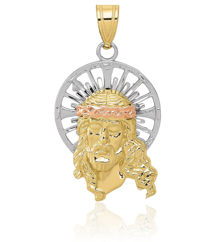 10K Solid Tri Color Pink White Yellow Gold Christ Medal Necklace Chain Pendant Charm