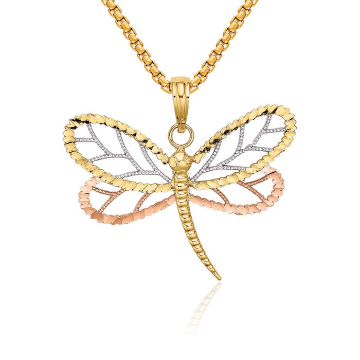 10K Solid Tri Color Pink White Yellow Gold Dragonfly Beaded Wings Necklace Chain Pendant Charm