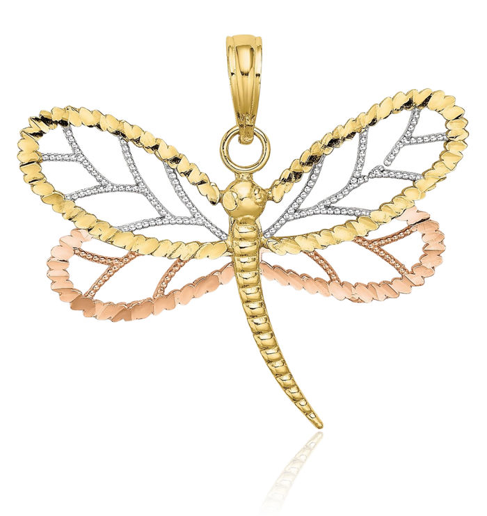 10K Solid Tri Color Pink White Yellow Gold Dragonfly Beaded Wings Necklace Chain Pendant Charm