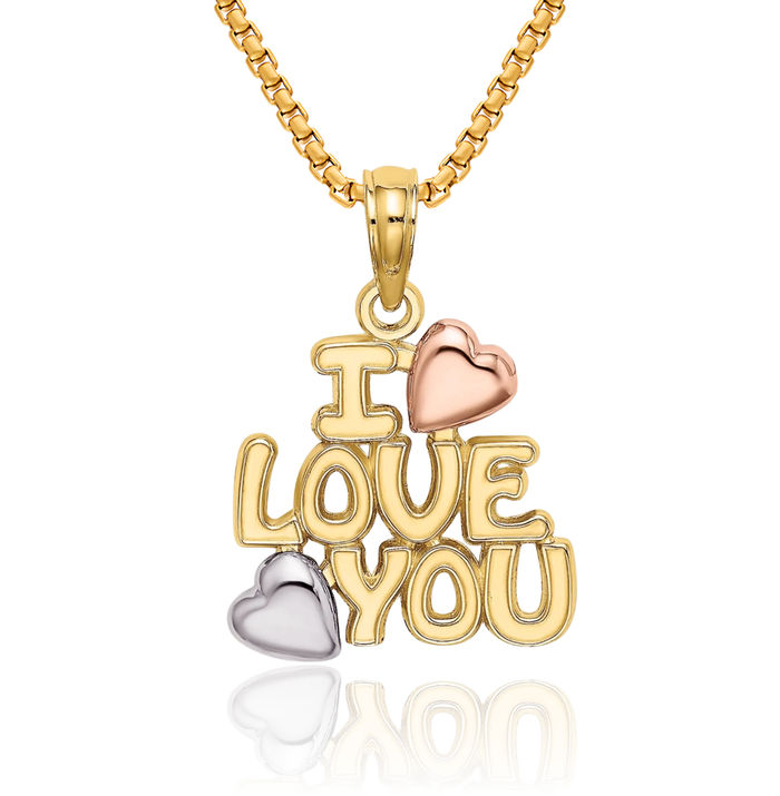 10K Solid Tri Color Pink White Yellow Gold I Love You Heart Necklace Chain Pendant Charm