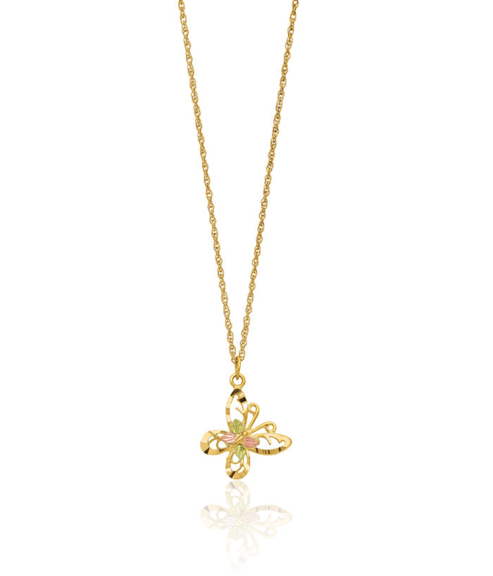 10K Solid Tri Color Pink White Yellow Black Hills Gold Butterfly Wings Chain Necklace