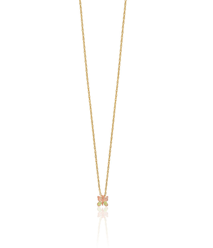 10K Solid Tri Color Pink White Yellow Black Hills Gold Butterfly Wings Chain Necklace