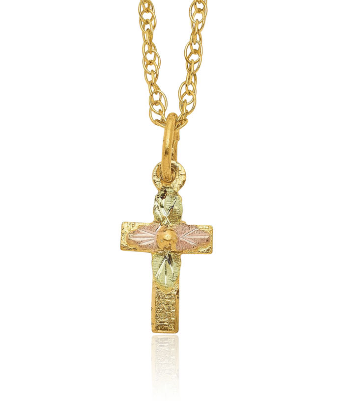 10K Solid Tri Color Pink White Yellow Black Hills Gold Holy Cross Chain Necklace