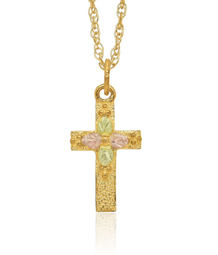 10K Solid Tri Color Pink White Yellow Black Hills Gold Holy Cross Chain Necklace