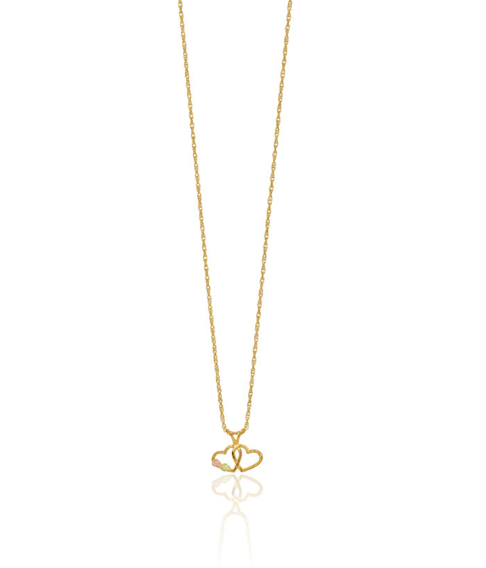 10K Solid Tri Color Pink White Yellow Black Hills Gold Double Heart Chain Necklace