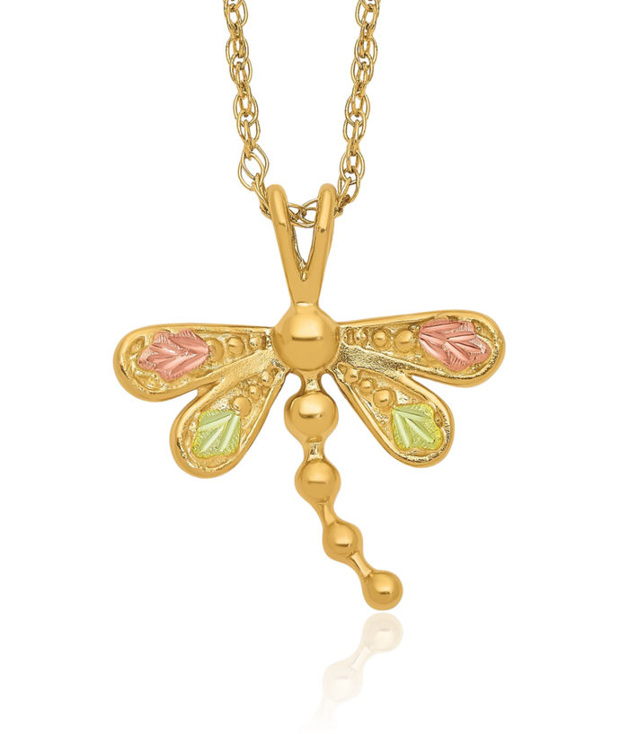 10K Solid Tri Color Pink White Yellow Black Hills Gold Dragonfly Chain Necklace