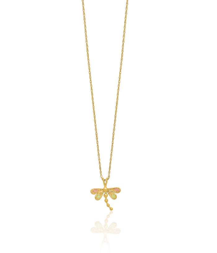 10K Solid Tri Color Pink White Yellow Black Hills Gold Dragonfly Chain Necklace