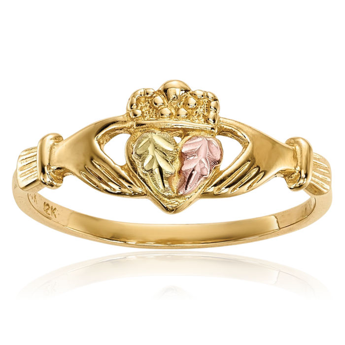 10K Solid Tri Color Pink White Yellow Black Hills Gold Heart Irish Claddagh Celtic Flower Ring Jewelry