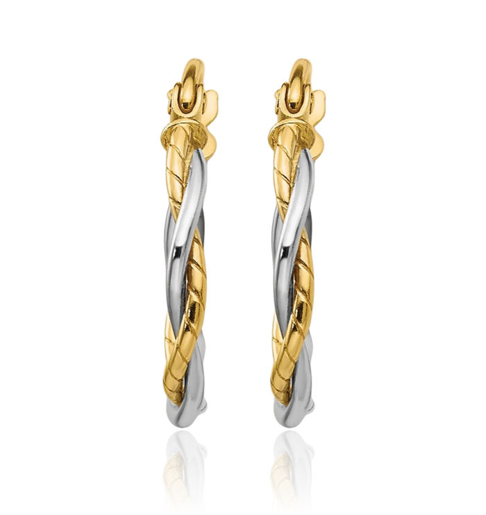 10K Solid Two Tone Gold 1.8mm Twisted Round Huggie Mini Small Hoop Earrings