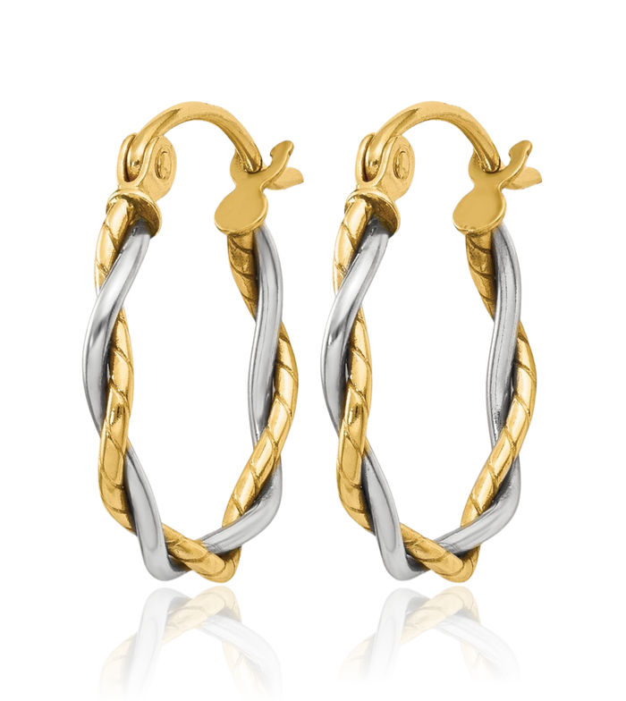 10K Solid Two Tone Gold 1.8mm Twisted Round Huggie Mini Small Hoop Earrings