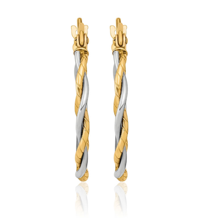 10K Solid Two Tone Gold 1.8mm Twisted Round Medium Hoop Earrings